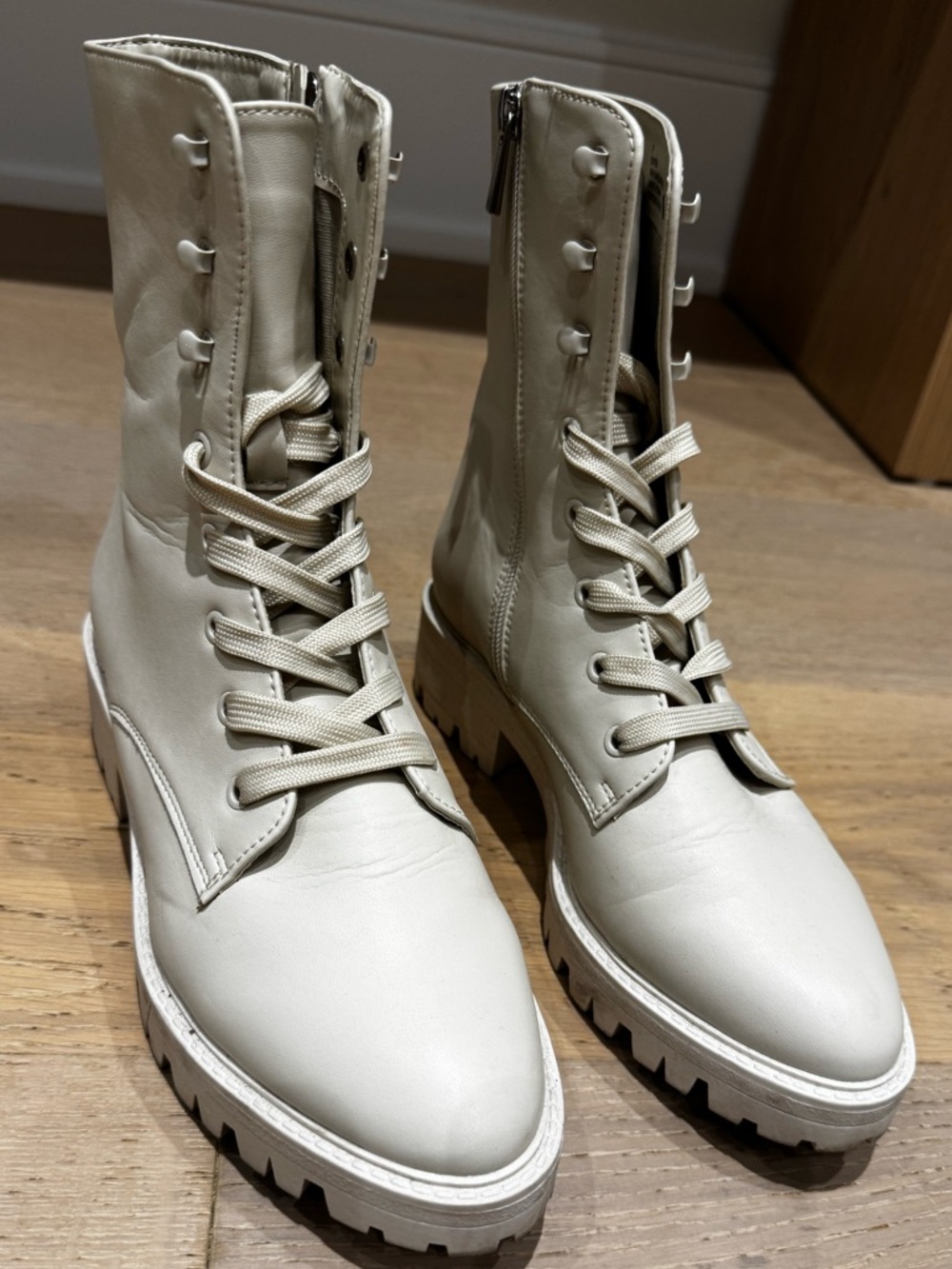 Women's Cream Lace-Up Combat Boots